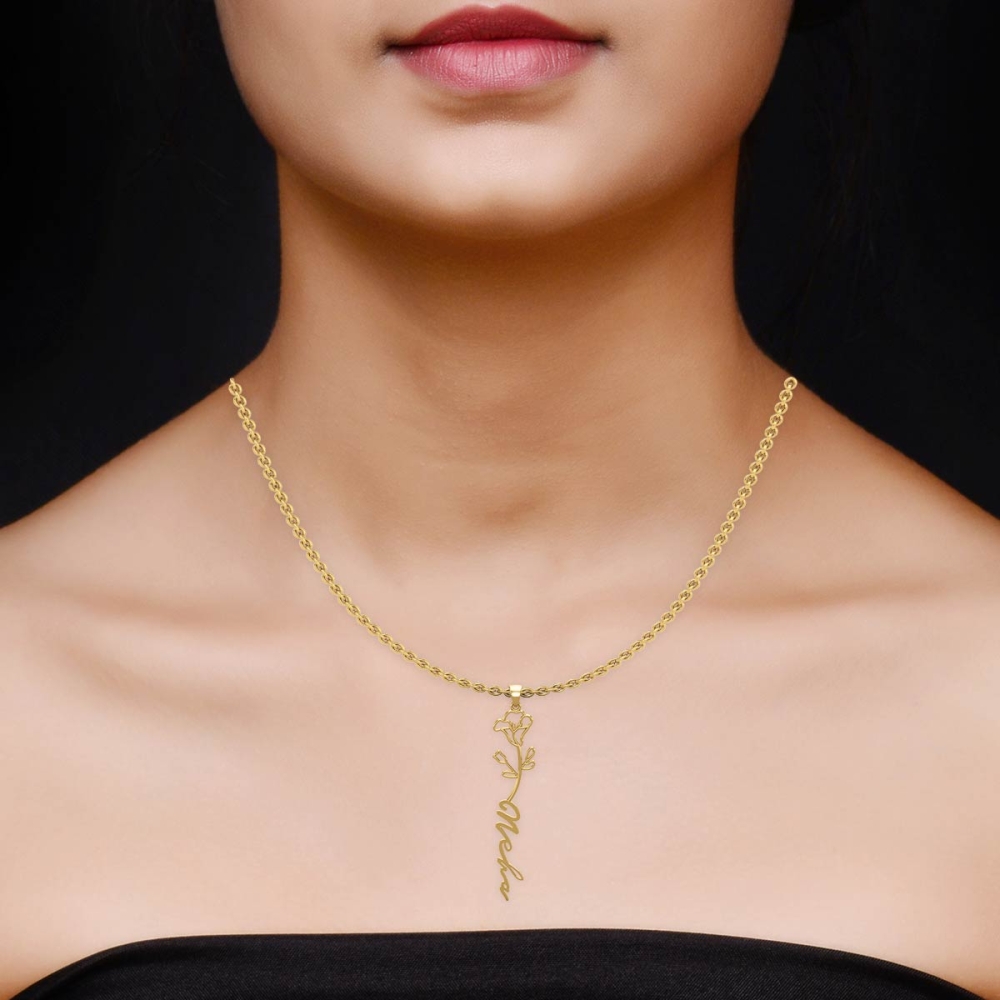 Neha Name Gold Pendant | September Birth Flower